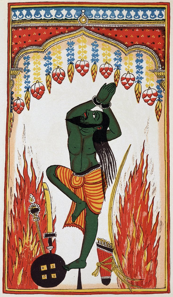 Aradjama, priant et faisant pénitence pour obtenir les armes qui le rendront invincible, lithographie du 18ème siècle - Indian School