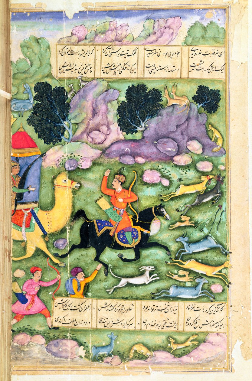 Bahram Gur montrant sa prouesse en chassant avec Azad, folio 107a, des Huit Paradis, écrit par Amir Khusrau Dihlavi (1253-1325) basé sur l