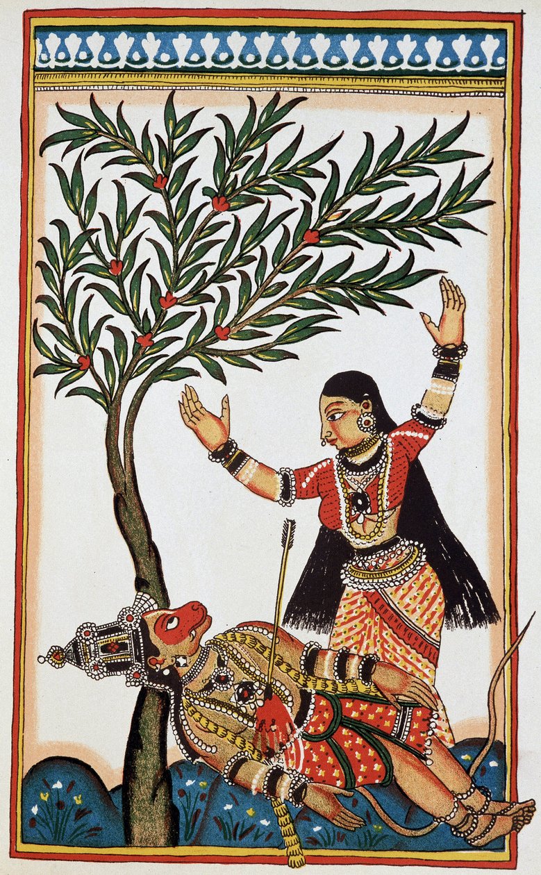 Bali tué par une flèche, à côté de lui Tara sa femme, litho XVIIIe siècle - Indian School