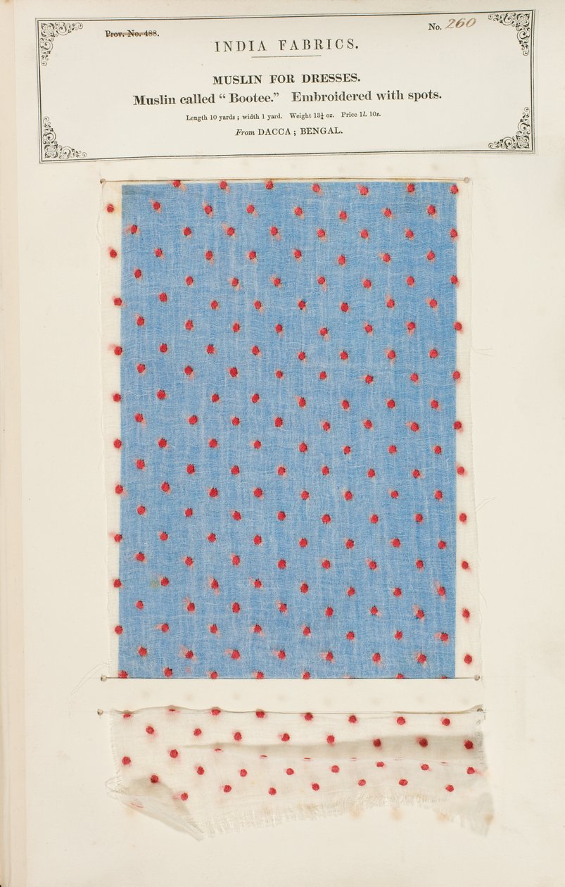 Échantillon de mousseline Bootee brodée de pois de Dacca au Bengale, de The Collection of the Textile Manufacturers of India, par John Forbes Watson, publié en 1866 - Indian School