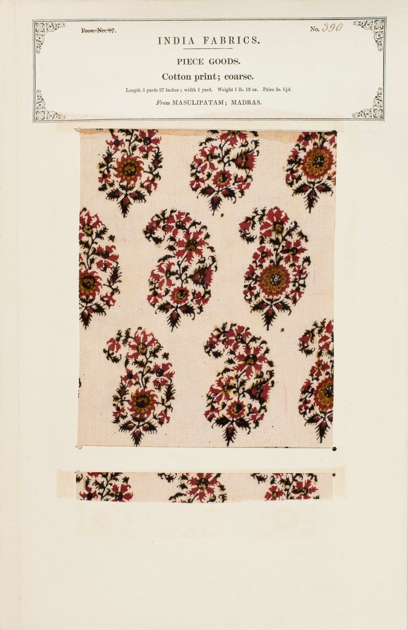 Échantillon de coton grossier imprimé de Masulipatam à Madras, de The Collection of the Textile Manufacturers of India, par John Forbes Watson, publié en 1866 - Indian School