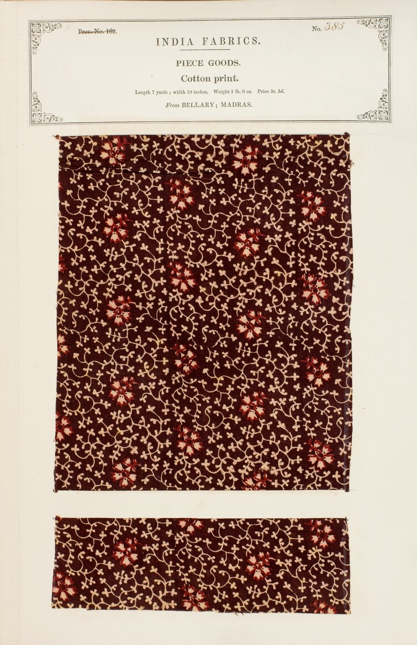 Échantillon de coton imprimé de Bellary à Madras, de The Collection of the Textile Manufacturers of India, par John Forbes Watson, publié en 1866 - Indian School