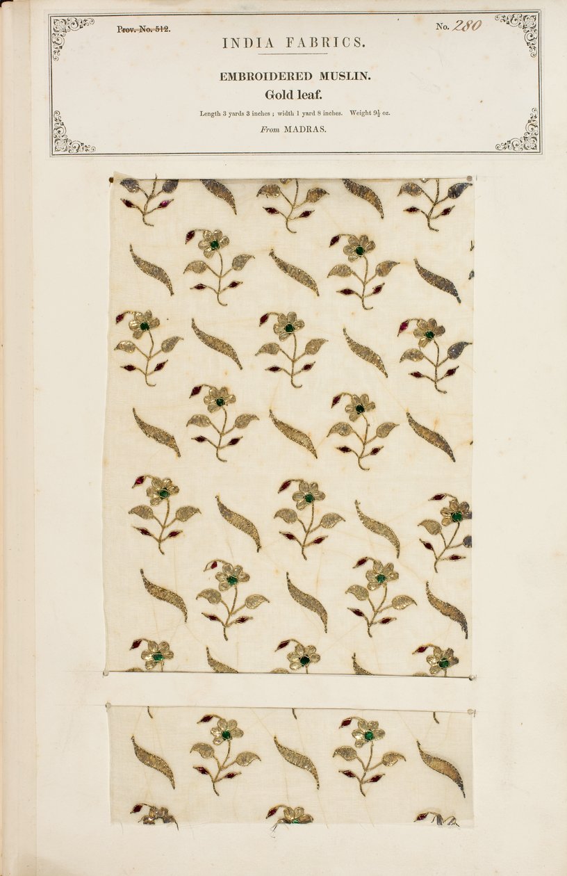 Échantillon de mousseline brodée de Madras, de The Collection of the Textile Manufacturers of India, par John Forbes Watson, publié en 1866 - Indian School
