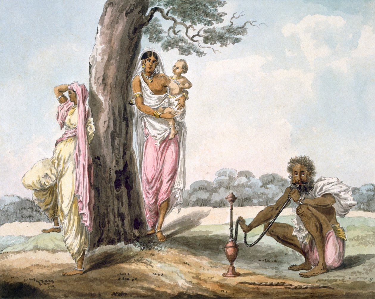 Famille : Homme fumant une chicha et fille faisant du yoga, vers 1850 - Indian School