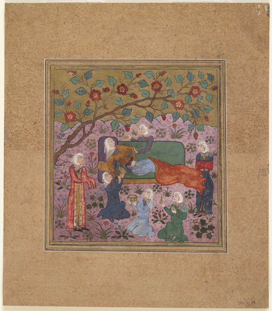 Folio du Shahnama (Livre des Rois) de Firdawsi; Une femme allongée entourée d