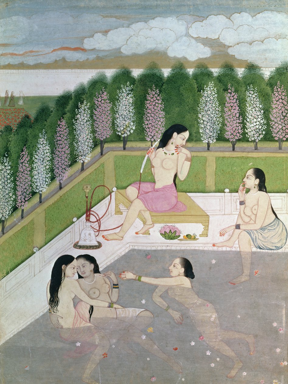 Filles se baignant, style Pahari, école de Kangra, Himachel Pradesh, XVIIIe siècle - Indian School