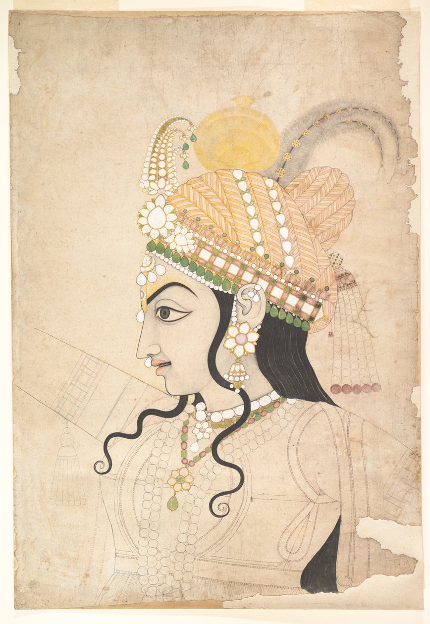Tête de Krishna : dessin pour une fresque du Raslila, c.1800 - Indian School