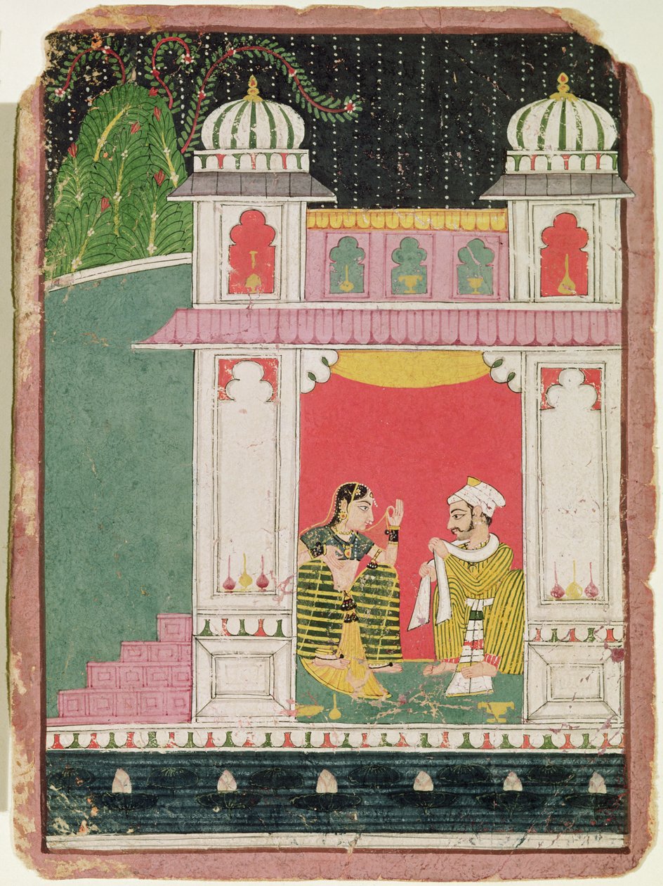 Héroïne et son amant dans un pavillon, vers 1640-50 (encre et aquarelle sur papier) - Indian School
