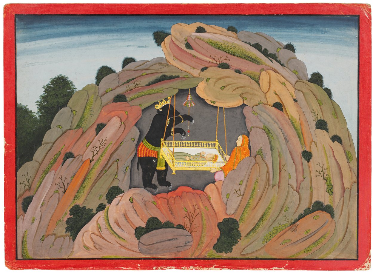 Illustration du Bhagavata Purana : Jambavan donne le bijou Symantaka à sa fille pour jouer, c.1760-65 - Indian School