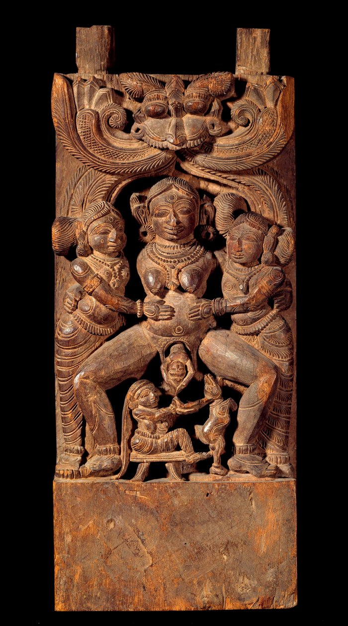 Art indien : représentation de Mahamai, déesse mère, donnant naissance - Indian School