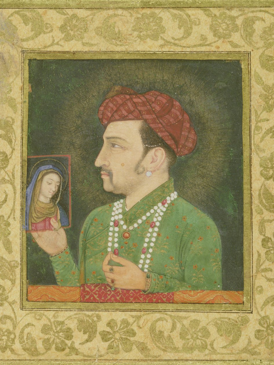 Jahangir tenant une image de la Madone, avec une inscription en persan : Janhangir Shah, Mughal - Indian School