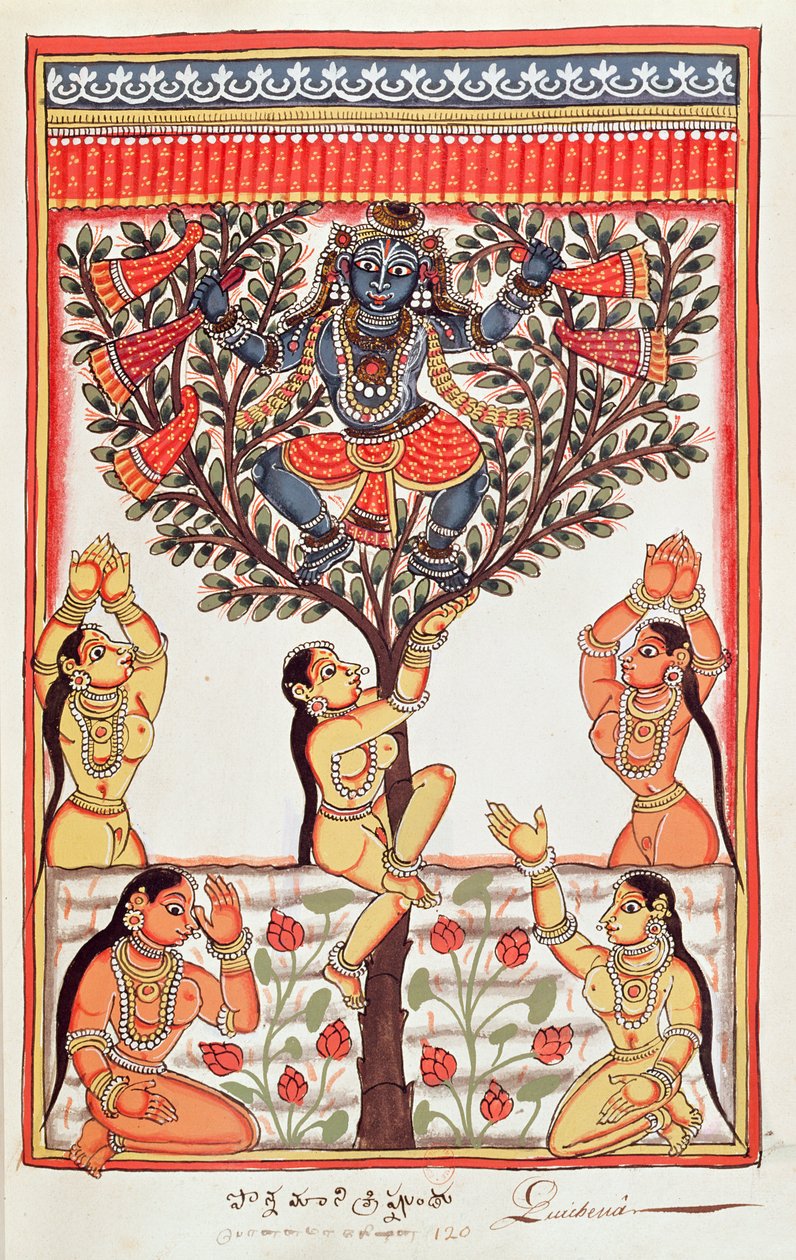 Krishna volant les vêtements des Gopi nageant dans la rivière Yamuna - Indian School