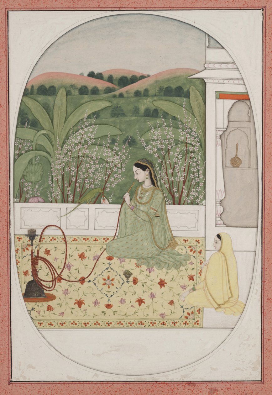 Dame sur une terrasse avec un narguilé - Indian School