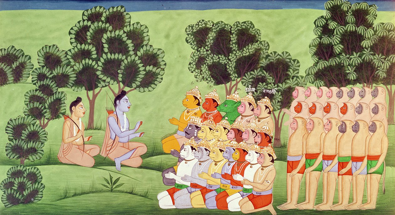 Lakshmana consultant les chefs des armées de singes, du Ramayana - Indian School