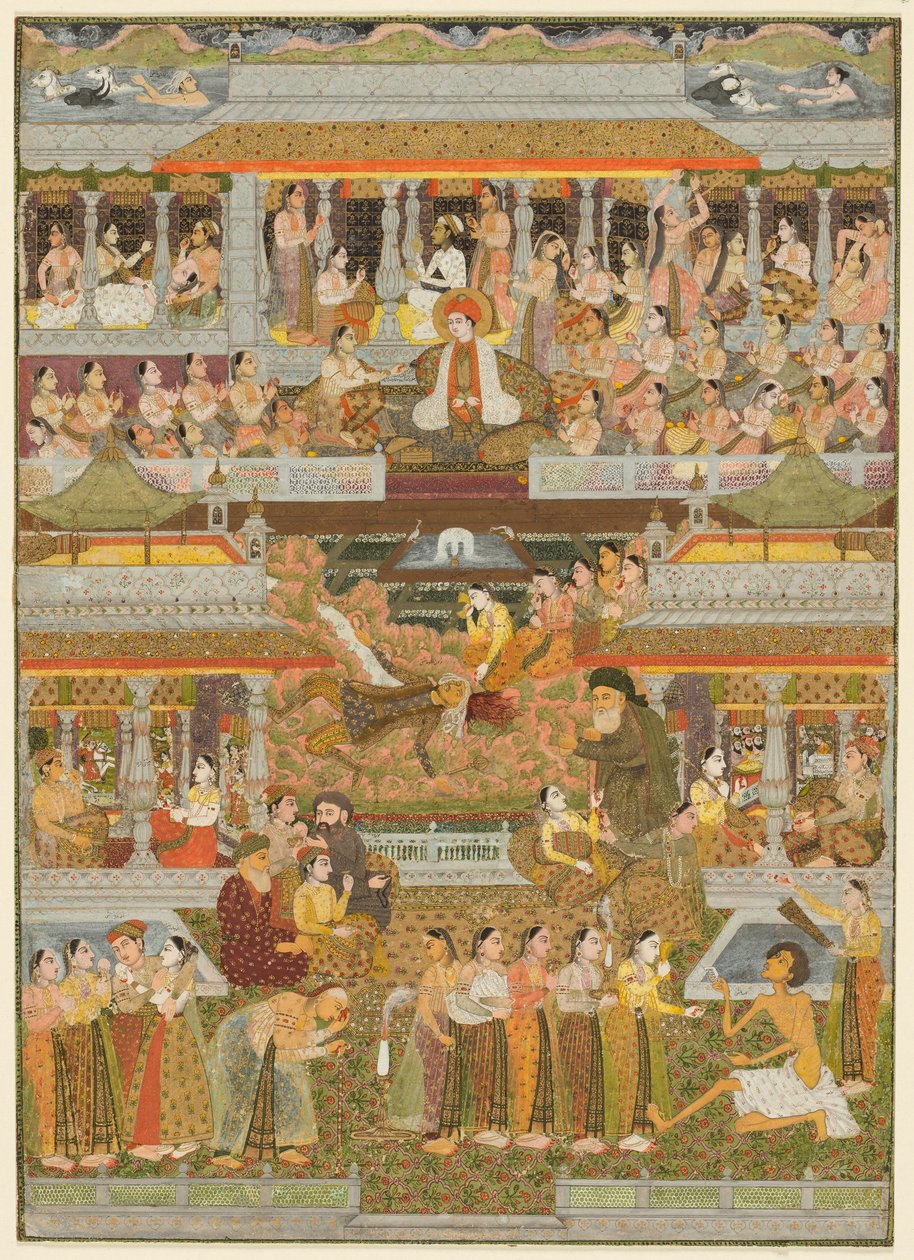Amants et bien-aimés : Une composition de scènes de la littérature persane, ourdou et sanskrite, vers 1735 - Indian School