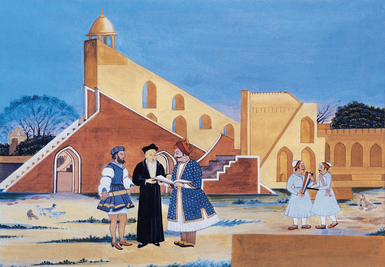 Peinture du Maharaja Sawai Jai Singh II, Jantar Mantar, Jaipur, Rajasthan, Inde (aquarelle sur papier) - Indian School