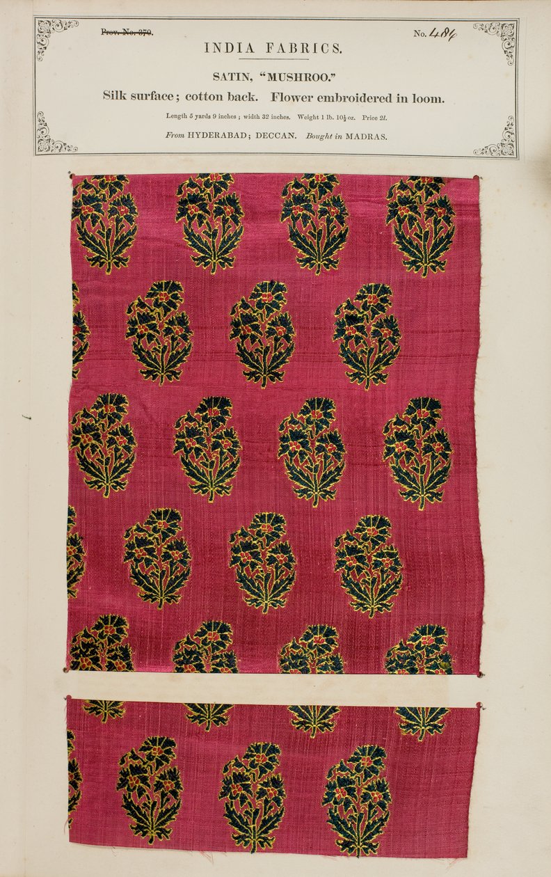 Échantillon de satin Mushroo de Hyderabad au Deccan, de The Collection of the Textile Manufacturers of India, par John Forbes Watson, publié en 1866 - Indian School