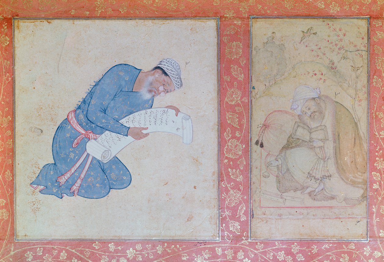 Portrait de Min Musavir remettant une pétition à l'empereur Akbar