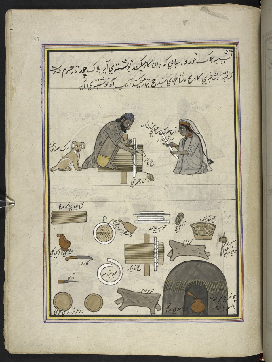 Fabricants de punkah, 86 dessins reliés en un volume représentant des métiers et occupations au Cachemire, des artisans montrés au travail avec leurs outils et équipements, par un artiste du Cachemire, probablement à Srinagar, c.1850-60 - Indian School