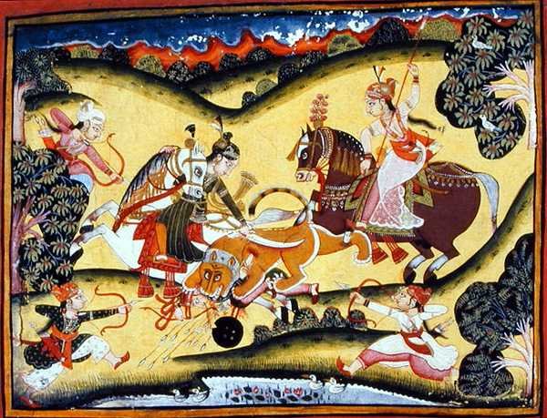 Princesses Rajput tuant un lion, école de Bundi, c.1810-20 - Indian School
