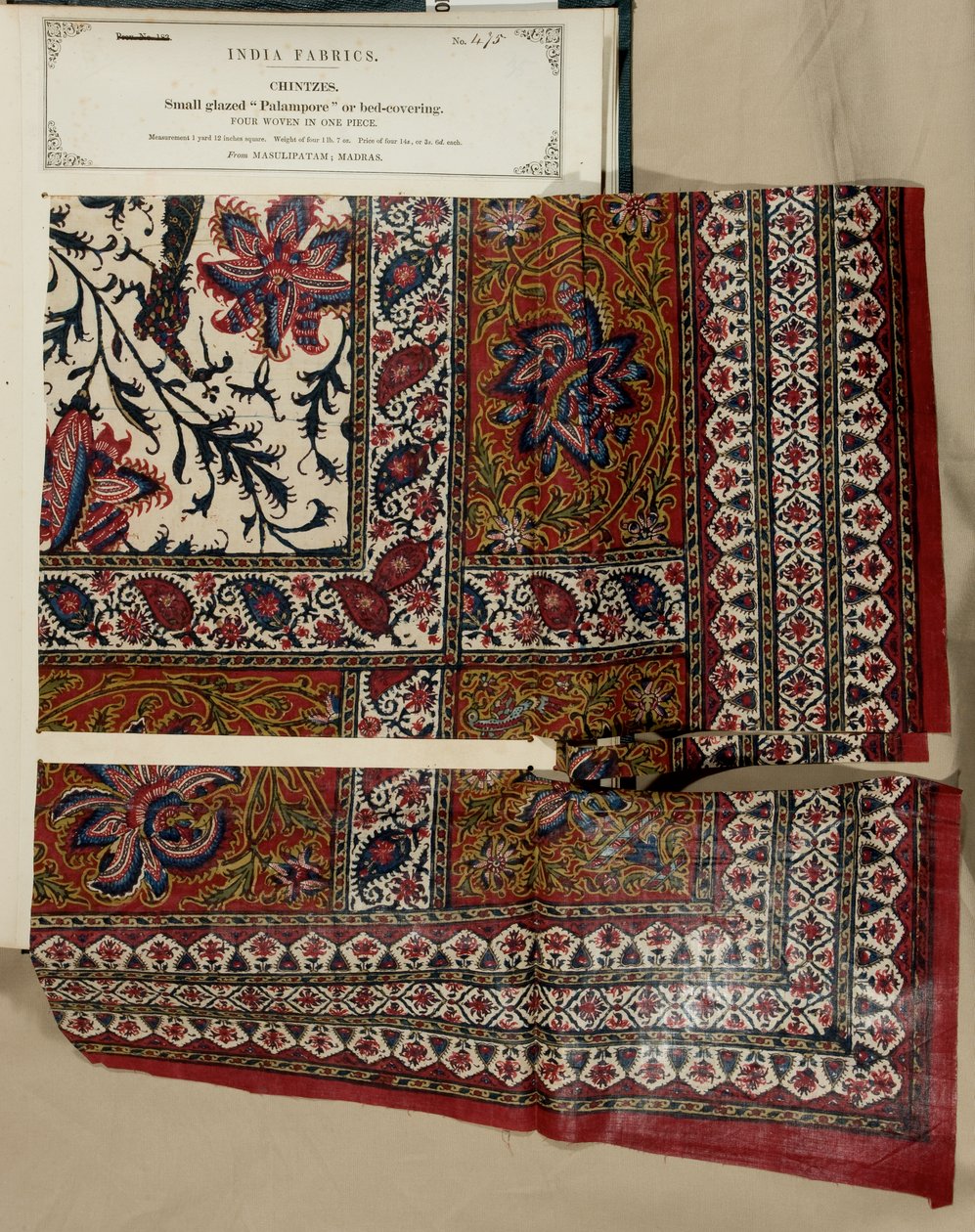 Petit échantillon de palampore glacé ou couvre-lit de Masulipatam à Madras, de The Collection of the Textile Manufacturers of India, par John Forbes Watson, publié en 1866 - Indian School