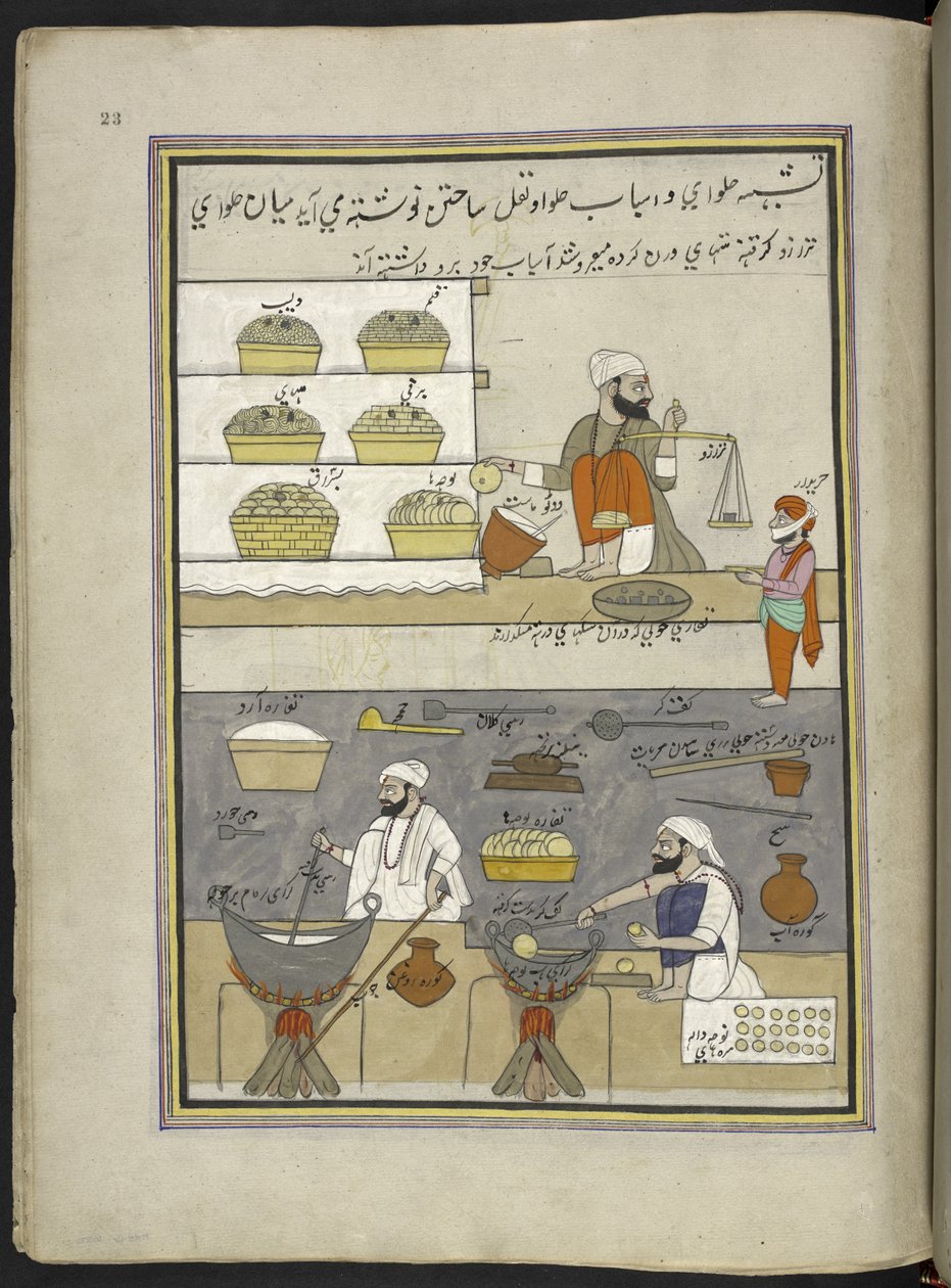 Fabricants de sucreries, 86 dessins reliés en un volume représentant des métiers et occupations au Cachemire, Les artisans sont montrés au travail avec leurs outils et équipements, Par un artiste du Cachemire, probablement à Srinagar, c.1850-60 - Indian School