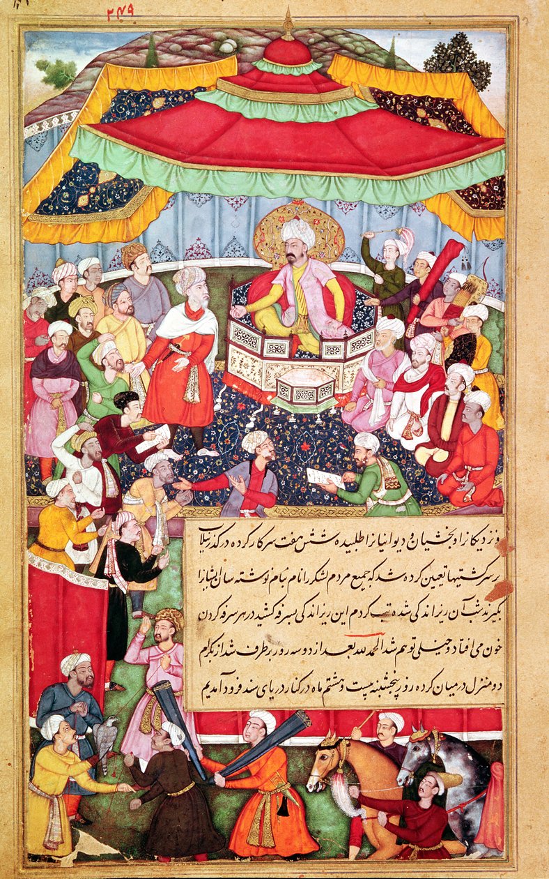 Le roi sur son trône entouré de ses courtisans, du Baburnama (Mémoires de Babur) 1530 - Indian School