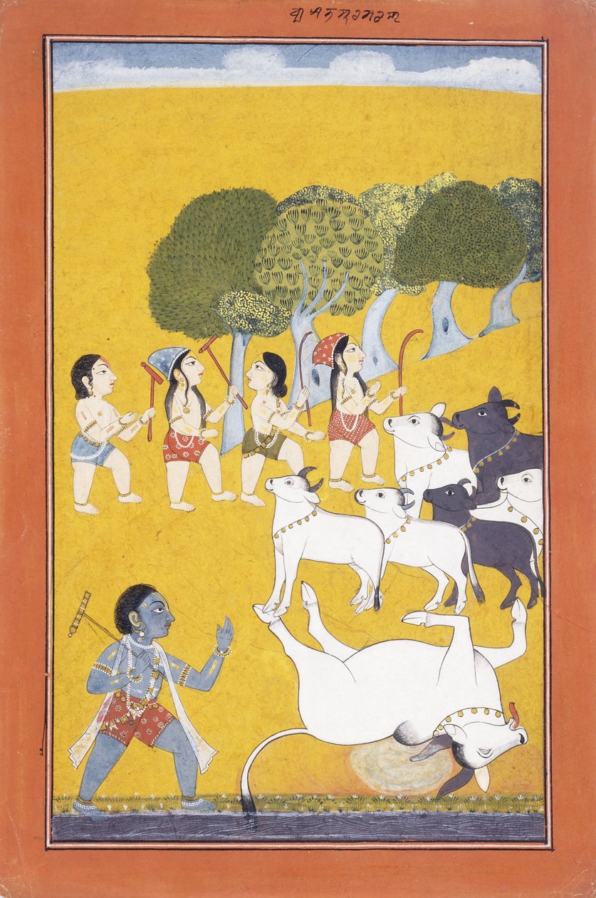 Le jeune Krishna tue le démon Vatsasura, venu sous la forme d
