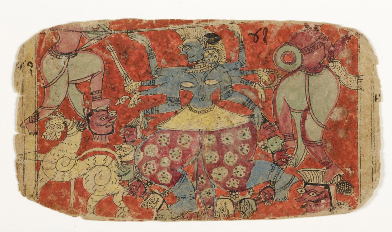 La déesse Kali combat des démons, de Durga attaquant les démons Shambha et Nishumbha - Indian School