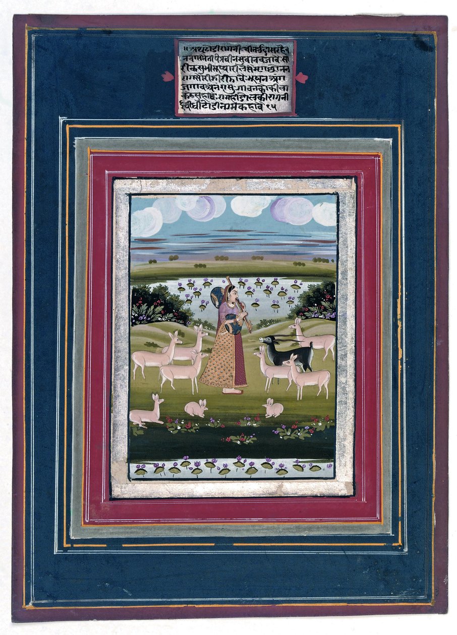Todi ragini - Une dame jouant de la vina dans un paysage avec des animaux - Indian School