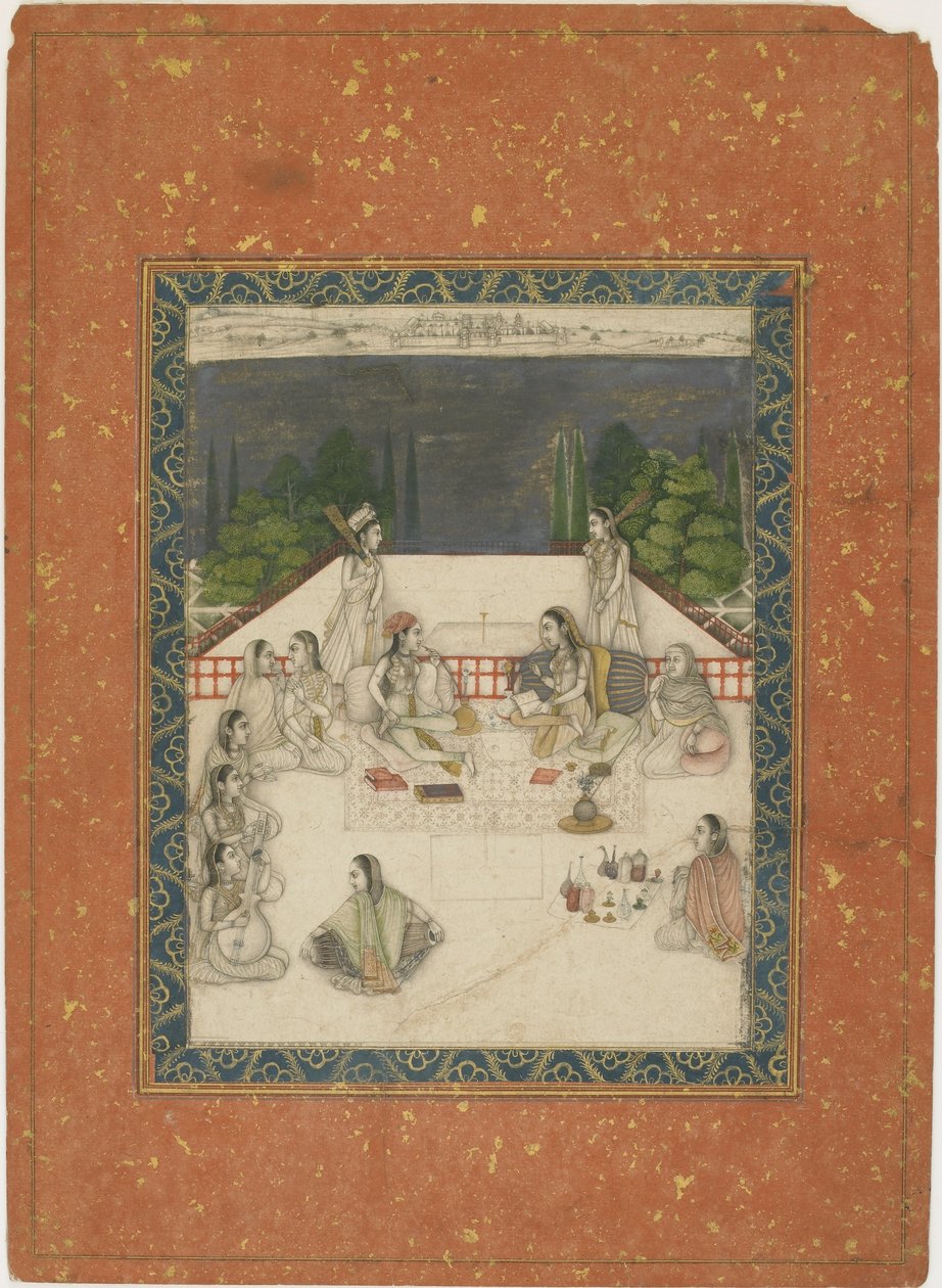 Deux femmes assises sur une terrasse, entourées de serviteurs et de musiciens, vers 1650 - Indian School