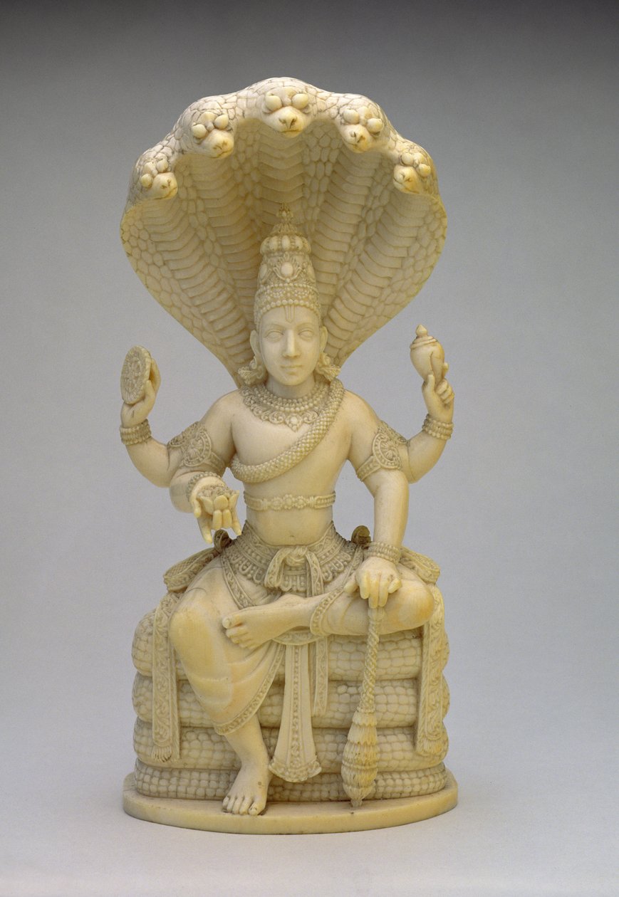 Vishnu, assis sur le serpent Sesha, tenant une coquille, une masse, un disque et un lotus - Indian School