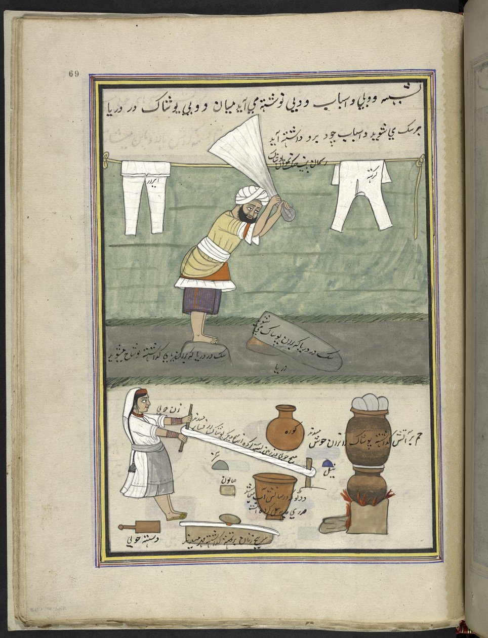 Blanchisseur et blanchisseuse, 86 dessins reliés en un volume représentant des métiers et occupations au Cachemire, Artiste du Cachemire, probablement à Srinagar, c.1850-60 - Indian School