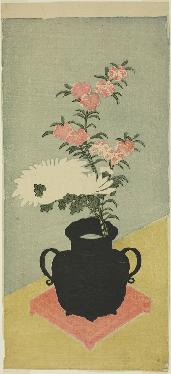 Chrysanthèmes blancs et œillets dans un vase noir - Ippitsusai Bunchō
