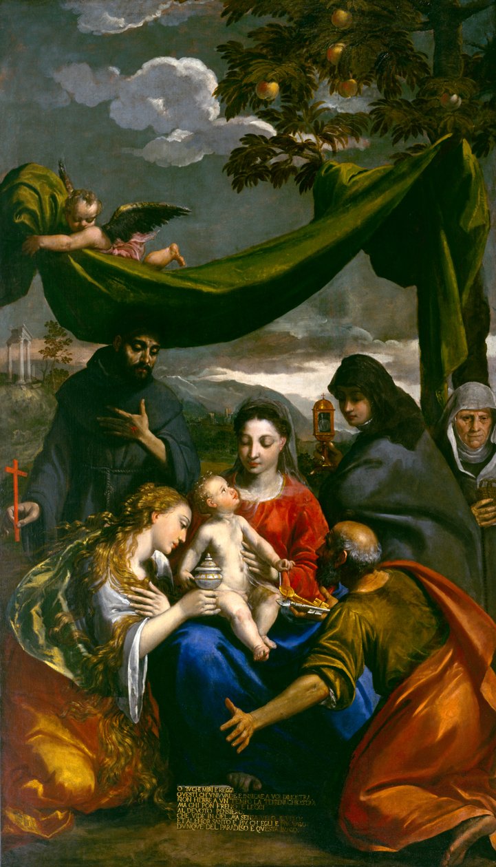 Vierge et Enfant avec les Saints Marie-Madeleine, Pierre, Claire, François et une Abbesse, c.1600 - Ippolito Scarsella