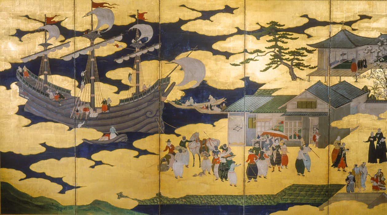 Samouraï - Écran pliant de Namban Byobus - Barbares du Sud - Un navire portugais entrant dans un port japonais, 2005 - Ira Block