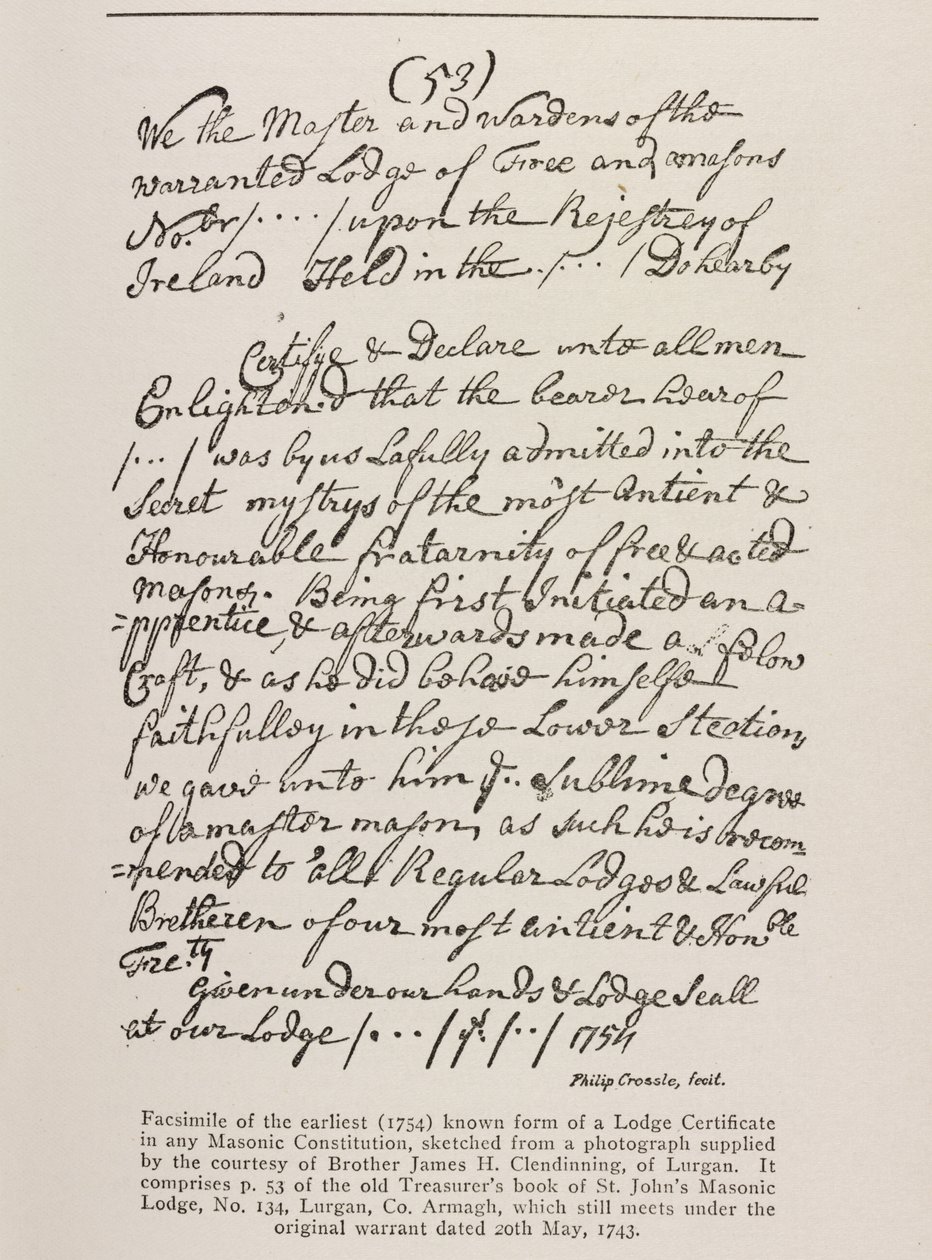 Le plus ancien certificat connu (irlandais) avec un sceau de la Grande Loge, 1762 - Irish School