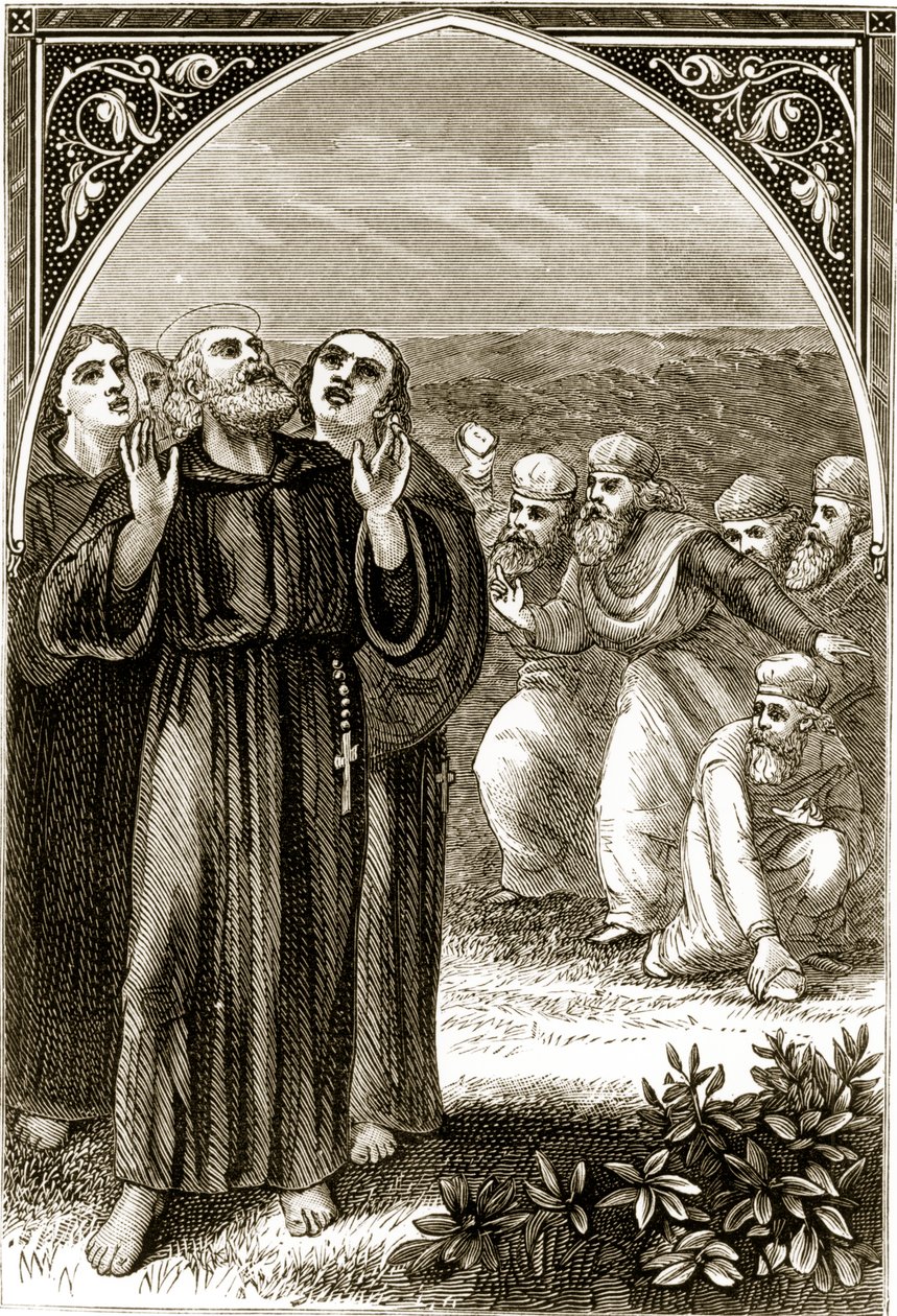 Saint Columba chantant, et attaqué par les druides, de The Trias Thaumaturga, ou Trois Saints Thaumaturges d