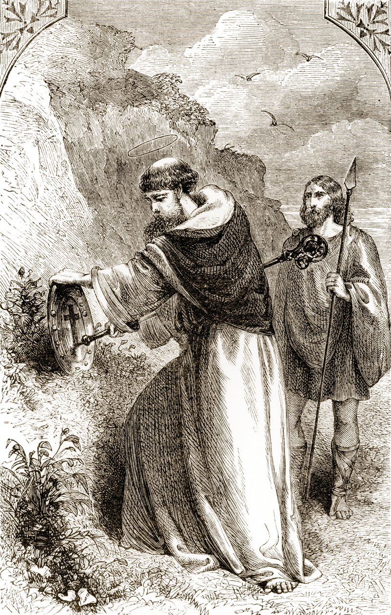 Saint Patrick marquant le bouclier de Connal avec la Croix, de The Trias Thaumaturga, ou Trois Saints Faiseurs de Miracles d