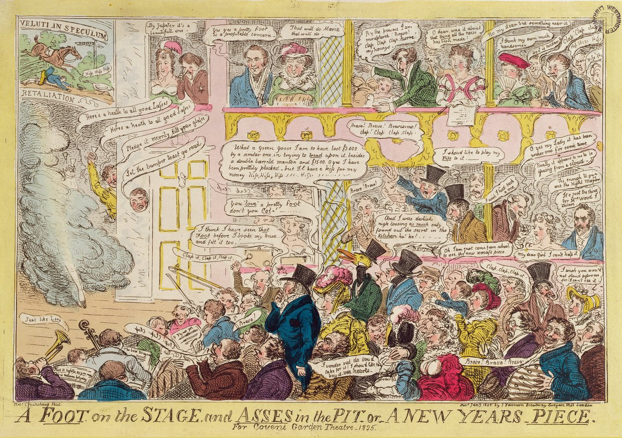 Un pied sur la scène et des ânes dans la fosse, ou une pièce de Nouvel An pour le Théâtre de Covent Garden, 1825, pub. par J. Fairburn, 9 janvier 1825 (gravure colorée) - Isaac Robert Cruikshank