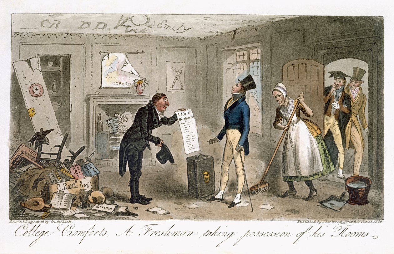 Conforts universitaires, un étudiant de première année prenant possession de ses chambres, de 
