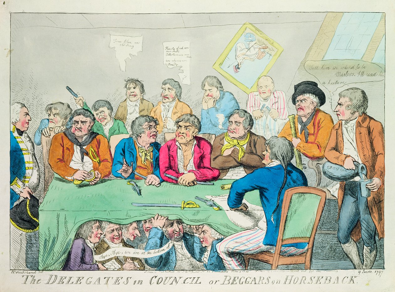 Les délégués en conseil ou les mendiants à cheval, 1797 (gravure en couleur) - Isaac Robert Cruikshank