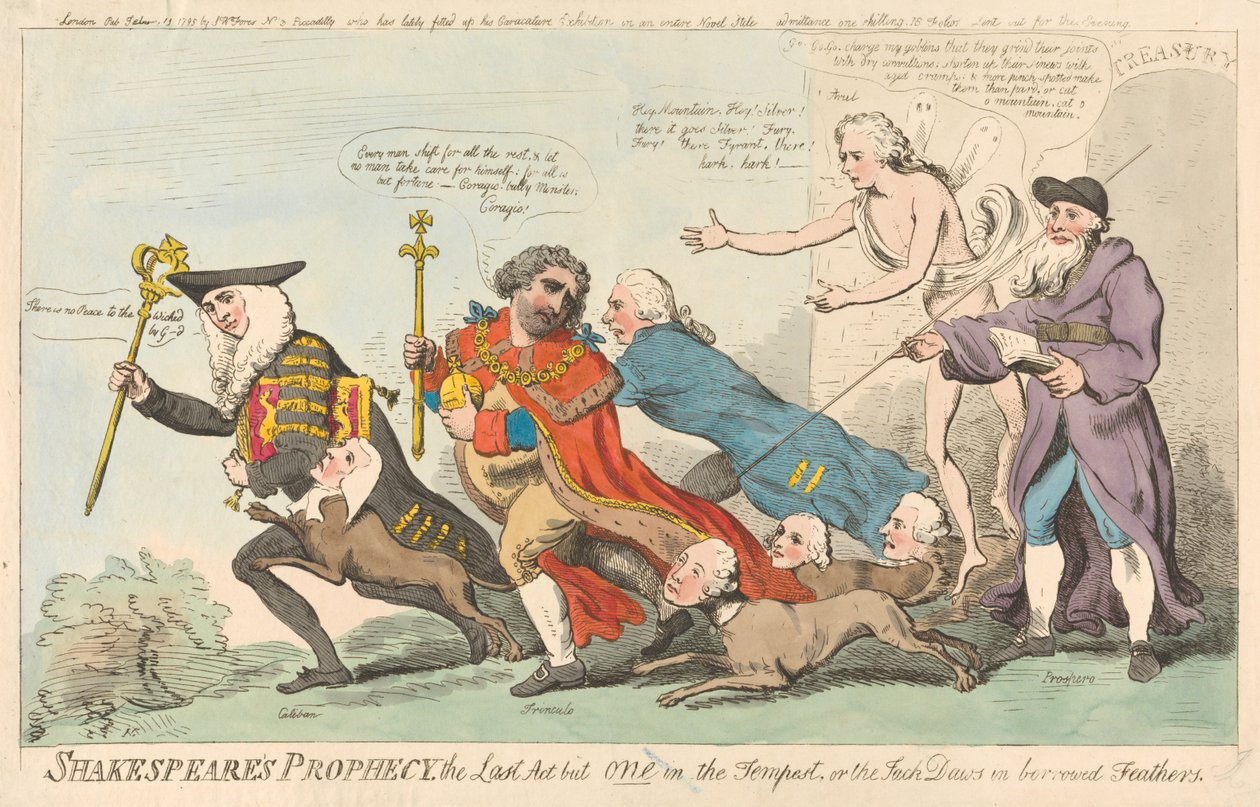 Shakespeares Prophezeiung, der letzte Akt von einem in Der Sturm, oder die Dohle in geliehenen Federn (aus: Karikatur, Bd. 3) - Isaac Cruikshank