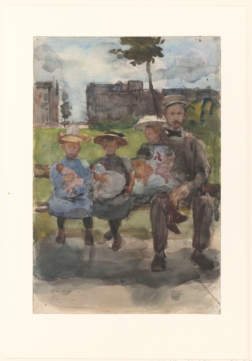 Un homme avec trois filles sur un banc dans l