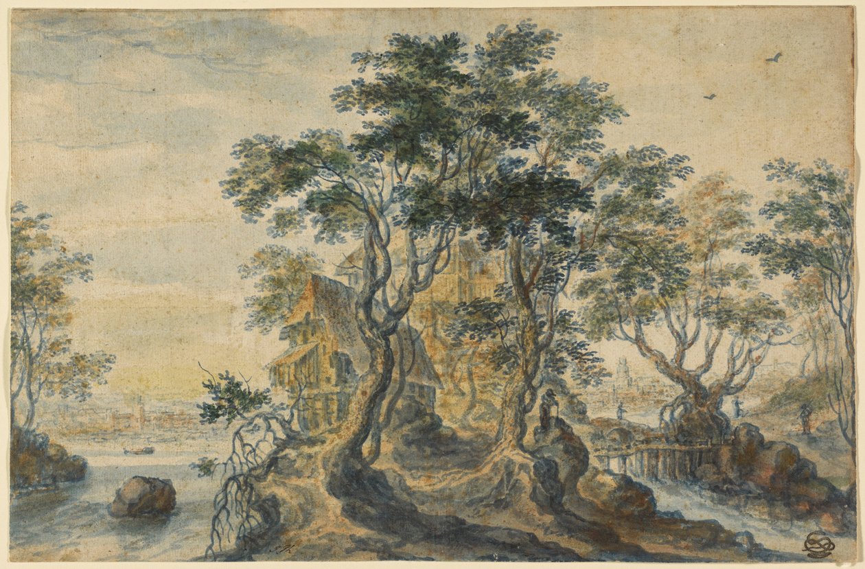 Paysage fluvial avec maison sur une île rocheuse - Isaac Major