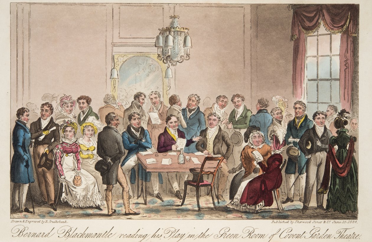 Bernard Blackmantle lisant sa pièce dans la salle verte du Covent Garden Theatre, de The English Spy, pub. 1824 - Isaac Robert Cruikshank