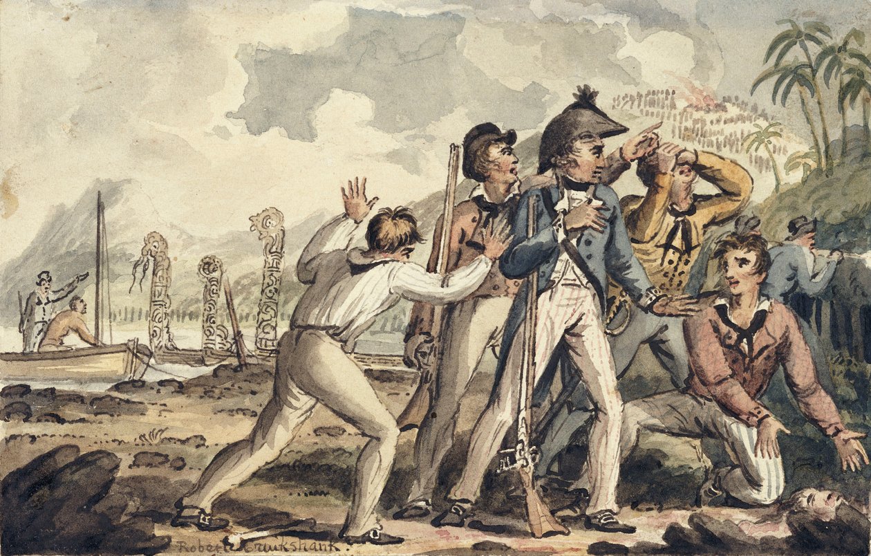 Le capitaine Burney découvrant ses compagnons de bord assassinés, illustration de "Les Voyages du capitaine Cook" - Isaac Robert Cruikshank