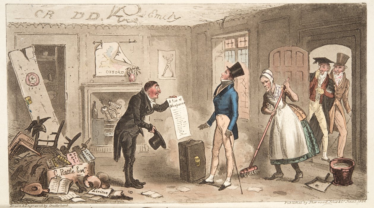 Conforts du collège, un étudiant de première année prenant possession de ses chambres, de The English Spy, publié en 1824 - Isaac Robert Cruikshank