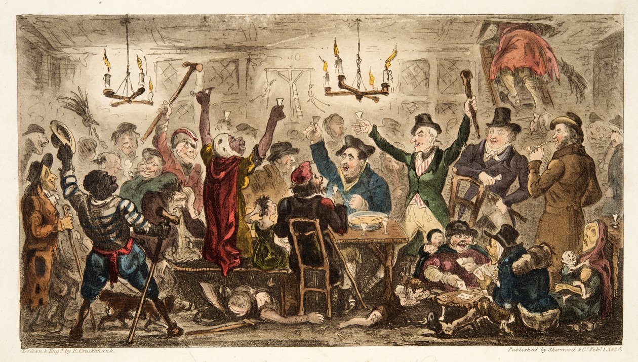 Courtisans festoyant dans un repaire de mendiants, de The English Spy, pub. 1824 - Isaac Robert Cruikshank