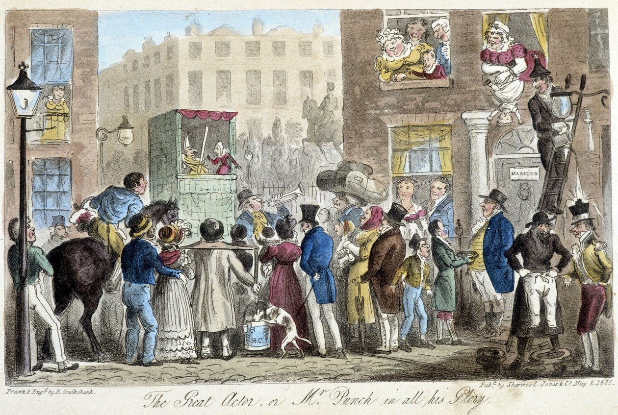 Guignol dans les rues de Londres - dans « The English spy » par C. Molloy Westmacott, ill. par Robert Gruikshand, Sherwood, Londres - Isaac Robert Cruikshank